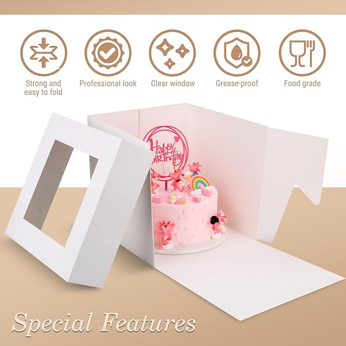 Cakebon Cake Boxes with Boards - 12 Inch Round Cake Drum White (6-pack) - Box With Window for Birthdays, Weddings and Parties