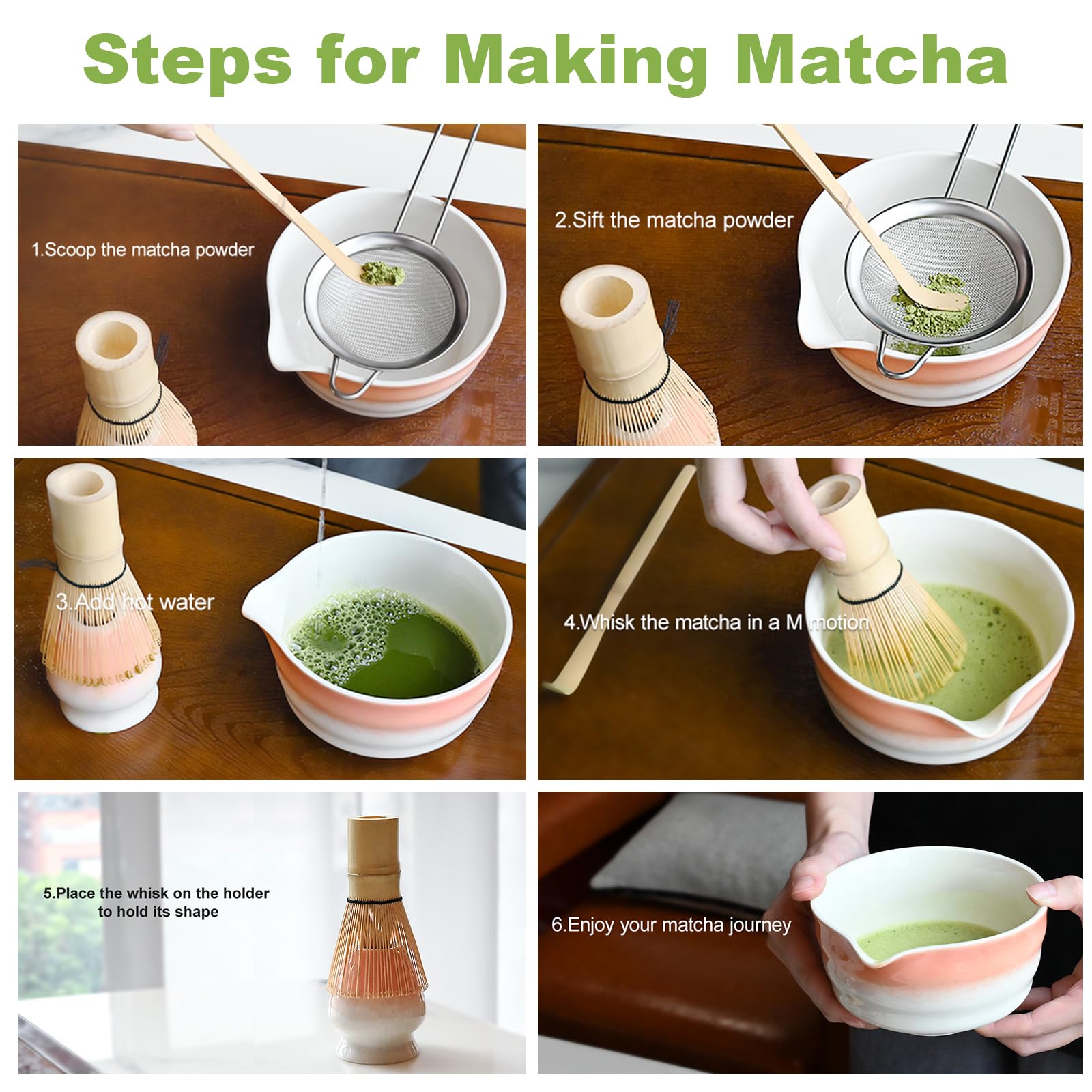 Pink Matcha Whisk Making Set - Japanese Tea Kit with Whisk Bowl and Bamboo Scoop Ceramic Chawan with Spout for Traditional Tea Ceremony Complete Matcha Making Tools Gift for Tea Lovers (Pink, 7 PCS)
