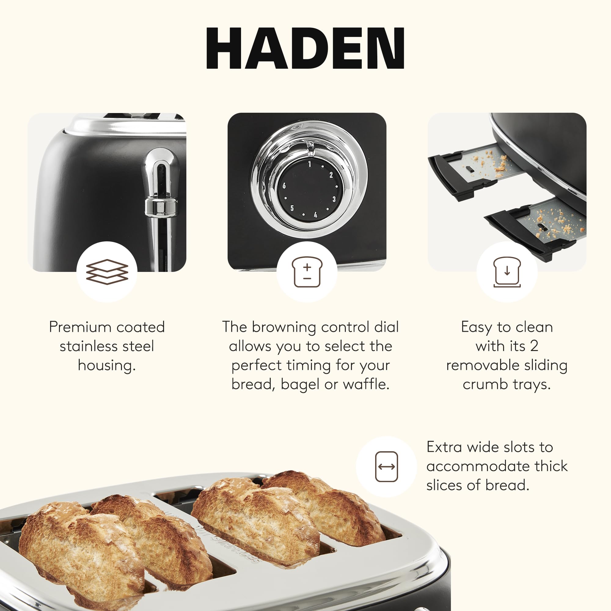 HADEN Heritage 4 Slice Wide Slot Stainless Steel Toaster Bundled with 12 Cup Programmable Drip Coffee Maker Coffee Machine, Black & Chrome