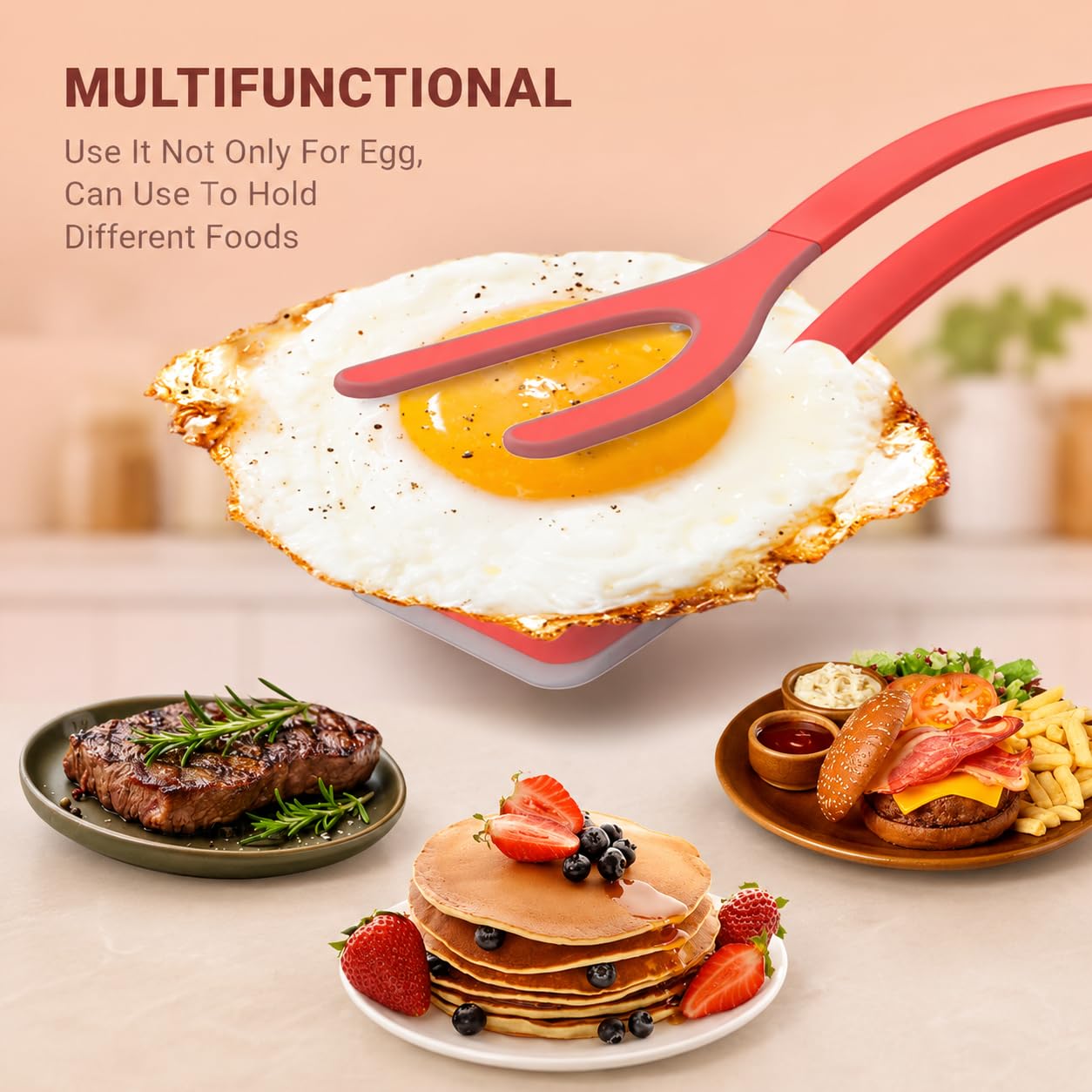 ZONZEST Silicone Egg Flipper Spatula Tongs (Set of 1) – Non-Stick 2-in-1 Grip & Flip Kitchen Tongs for Pancakes, Fish, Eggs, and More – Heat Resistant Cooking Tool (Pink)