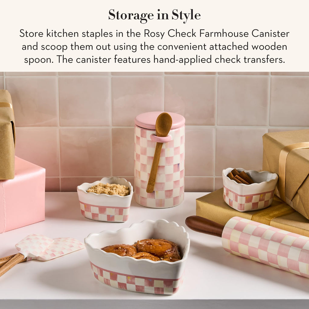MACKENZIE-CHILDS Ceramic Farmhouse Canister, Versatile Kitchen Storage Container for Flour and Sugar, 26-Ounce Capacity, Pink-and-White Rosy Check