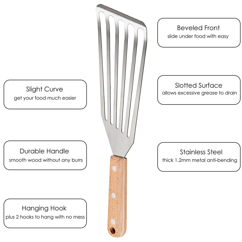 Fish Spatula Set of 2, HaSteeL Stainless Steel Slotted Spatula Turner with Riveted Wooden Handle, Professional Metal Spatulas Great for Kitchen Cooking Flipping Frying & Grilling, 2 x Hooks