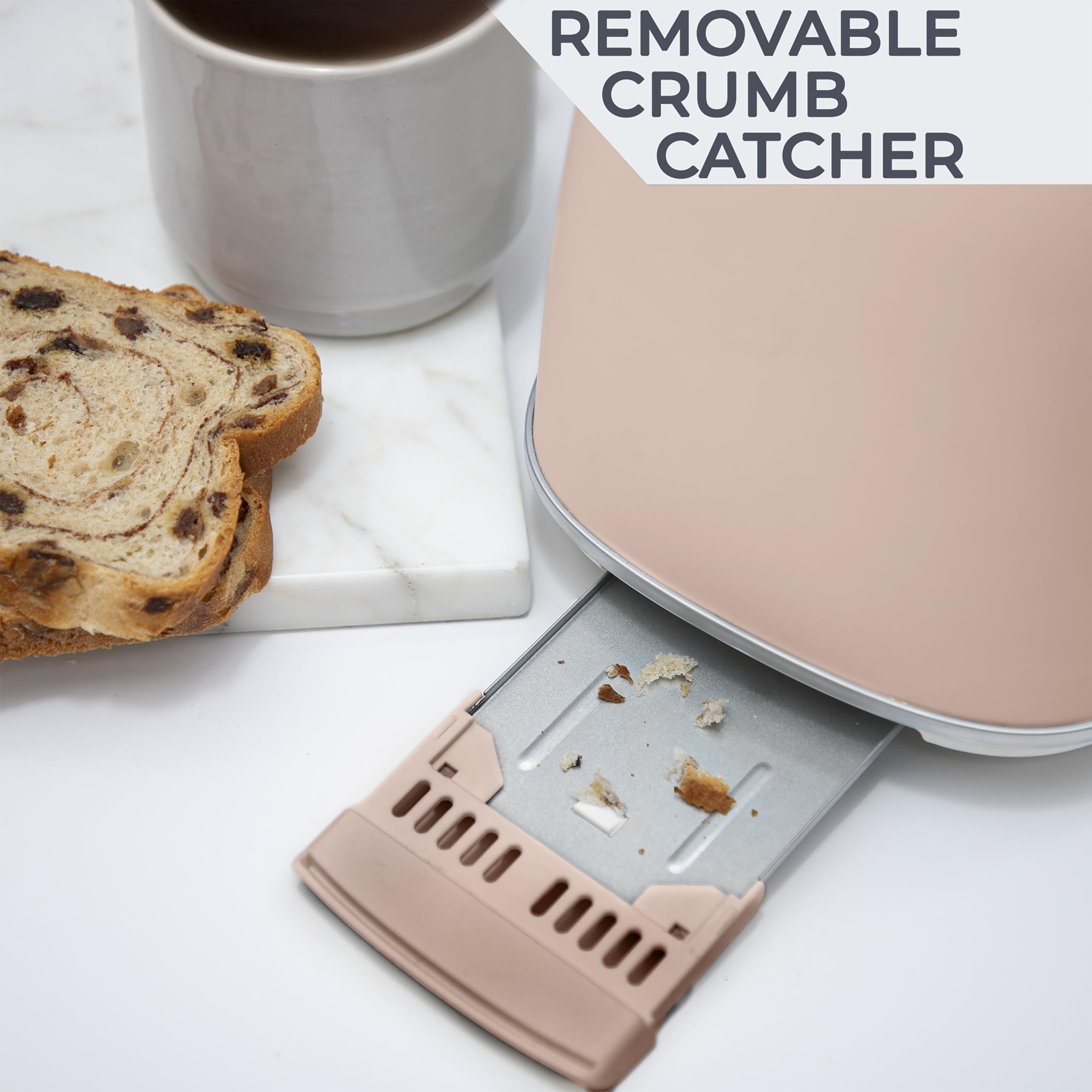 Rae Dunn Retro Rounded Bread Toaster, 2 Slice Stainless Steel Toaster with Removable Crumb Tray, Wide Slot with 6 Browning Levels, Bagel, Defrost and Cancel Options, Blush