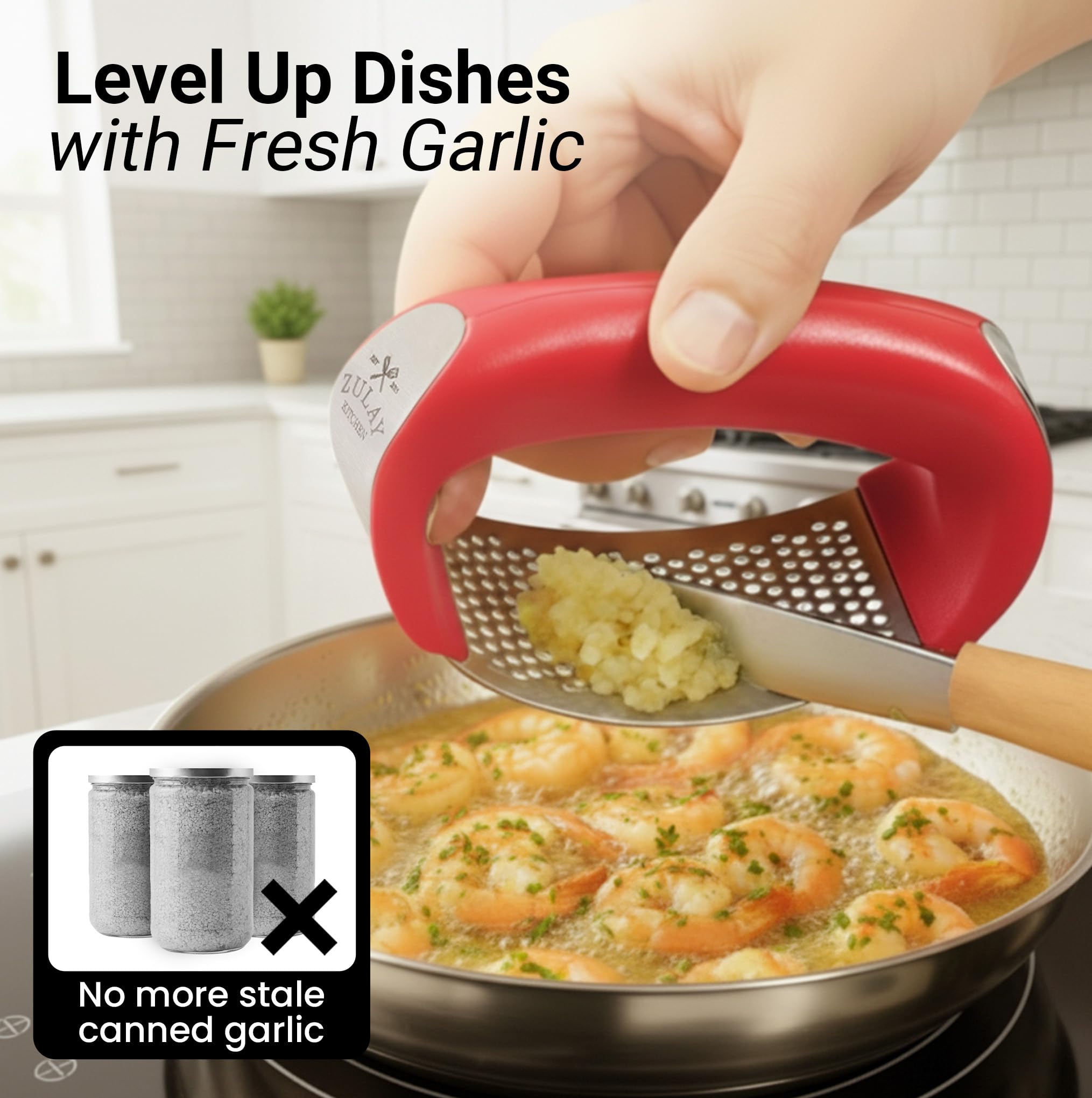 Zulay Kitchen Stainless Steel Garlic Press Rocker Set - Premium Garlic Mincer Garlic Crusher - New Innovative Garlic Crusher with Peeler and Scraper - Comfortable Grip (Red)