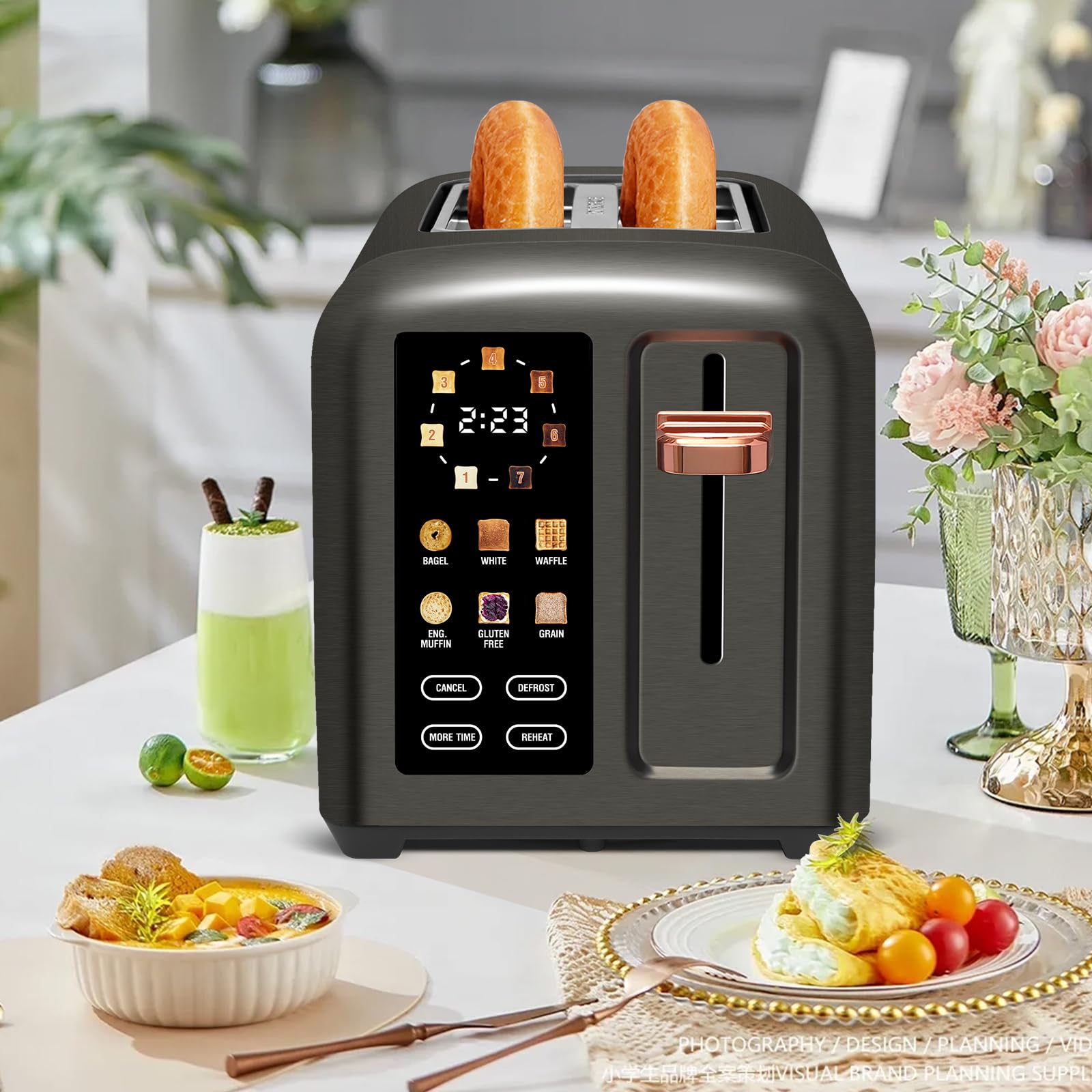 SEEDEEM Touchscreen Toaster 2 Slice, 7 Shade, Stainless, 1350W Dark Metallic