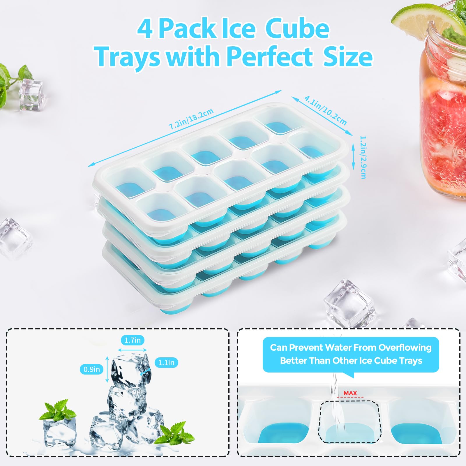 DOQAUS Ice Cube Tray with Lids, 4 Pack Silicone Ice Trays for Freezer