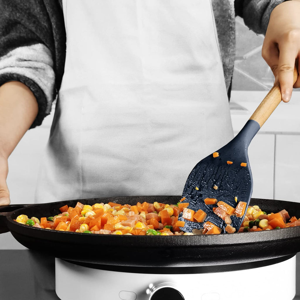 oannao Silicone Cooking Utensils Set - 446°F Heat Resistant Silicone Kitchen Utensils for Cooking,Kitchen Utensil Spatula Set w Wooden Handles, BPA FREE Gadgets for Non-Stick Cookware (Navy Blue)