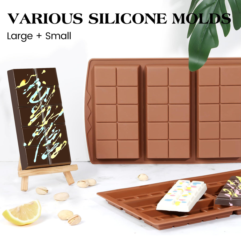KASHME 4 Pcs Chocolate Bar Mold Deep Dubai 0.85 Inch Stuffed Chocolate Molds Silicone Large Break Apart Silicone Molds (10 Snap + Pyramid)