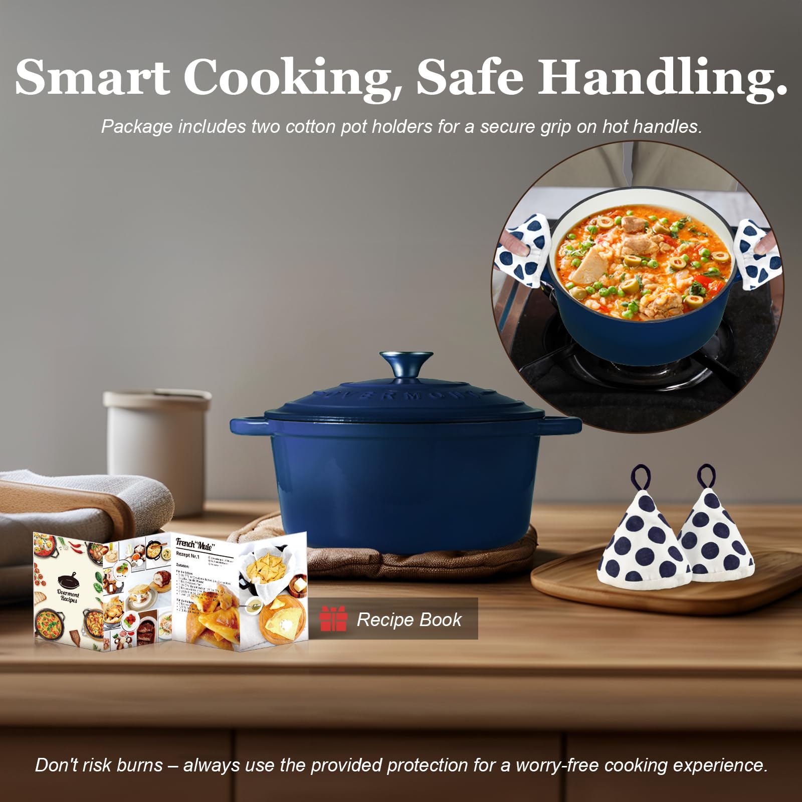 Overmont Enameled Cast Iron Dutch Oven - 5.5QT Pot with Lid Cookbook & Cotton Potholders - Heavy-Duty Cookware for Braising, Stews, Roasting, Sourdough Baking Indigo Blue