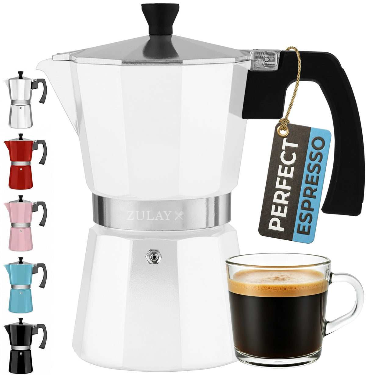 Zulay Moka Pot Espresso Stovetop Coffee Maker - Leak-Proof, Stainless Steel, Easy to Clean, Heat Resistant Handle & Knob - for Authentic Cuban & Italian Style Espresso - Makes 12 Espresso Cups - White