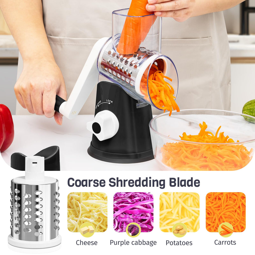 Cheese Grater Hand Crank, Rotary Cheese Shredder with 3 Interchangeable Blades for Coarse, Fine Shredding and Slicing, Strong Suction Base for Pizza, Pasta, Salad, Vegetables, Nuts, Chocolate