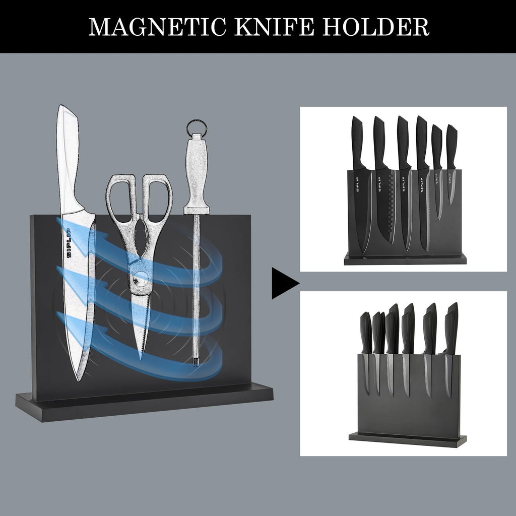 SipLip Kitchen knife set with Magnetic knife holder, 15 pieces high carbon stainless steel sharp kitchen knife set including chef's knife, bread knife, serrated steak knife set