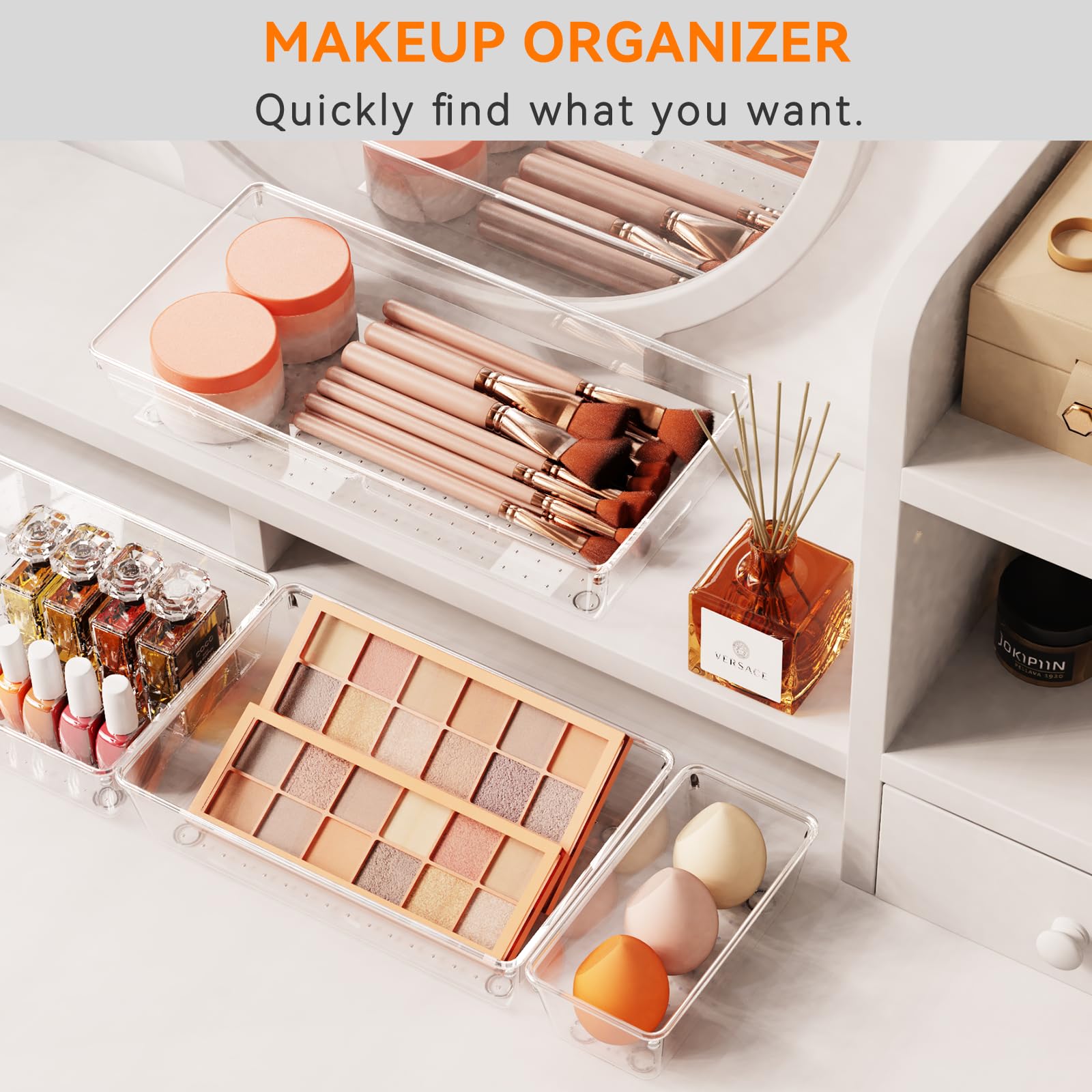 Criusia 36 Pack Large Clear Plastic Drawer Organizer Bins - 6 Size Acrylic Kitchen Drawer Organization and Storage for Utensils Gadgets, Office Bathroom and Vanity Organizer for Makeup Accessoires