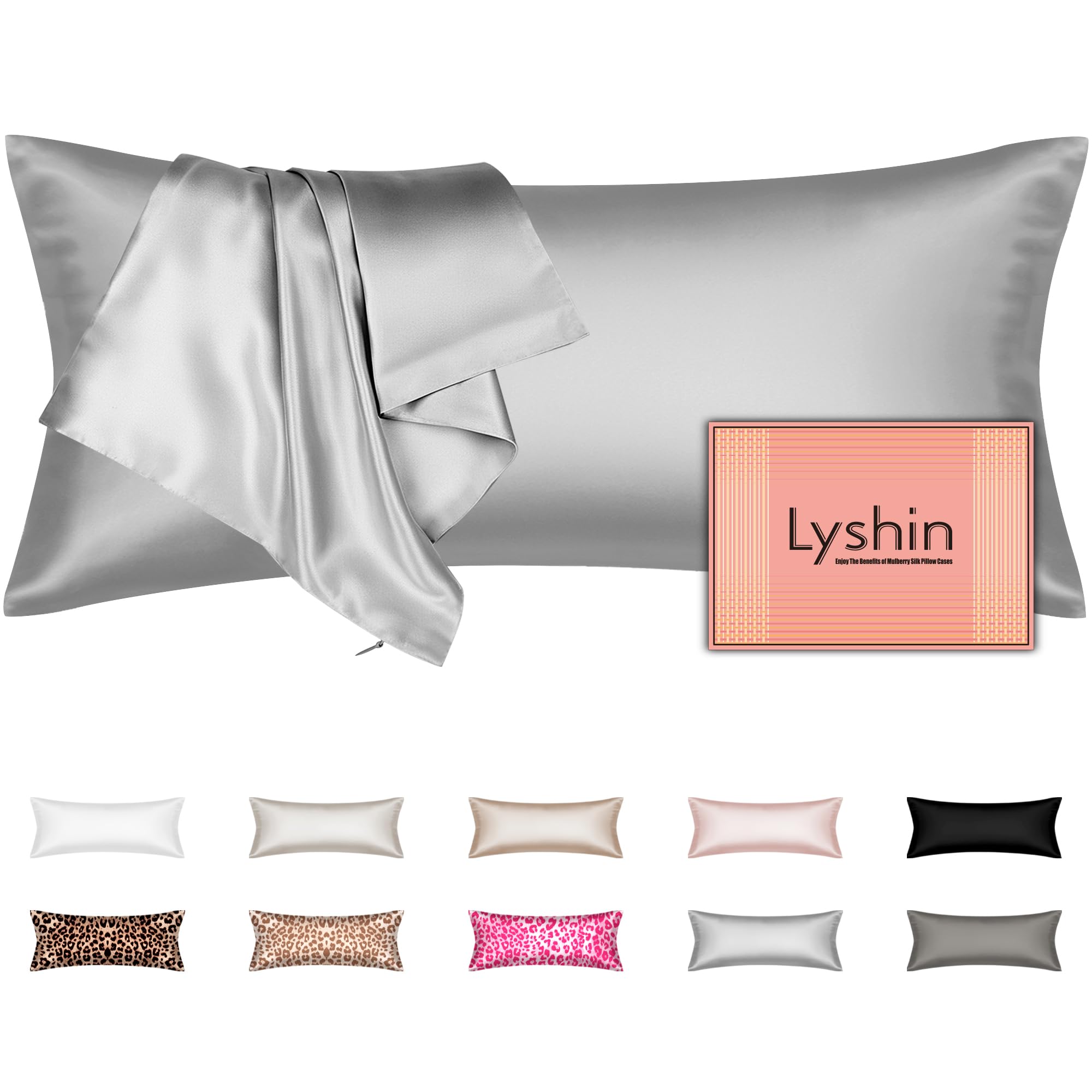 Silk Body Pillow Cover with Zipper, Mulberry Silk Pillow Cases Body Size, Ultra Smooth and Soft Breathable Cooling Silk Satin Body Pillowcase for Hair and Skin, Light Grey (20x54 Inches, 1 Pack)