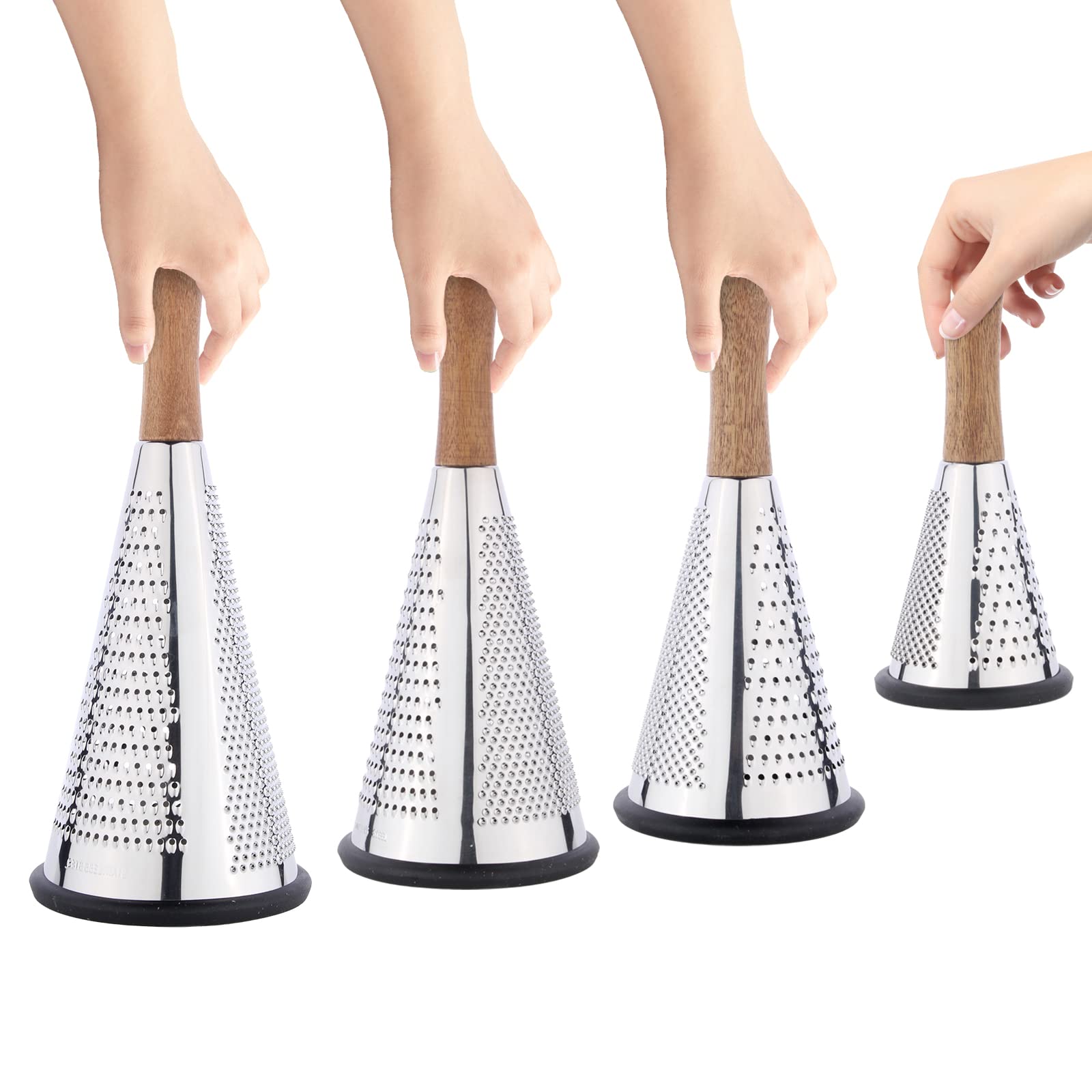 Cone Cheese Grater with Handle Stainless Steel Triple Function Wood Handle Parmesan Shaver Non-Slip Rubber Bottom Hand Held Multifunction Vegetables Cheese Grater with container (L: 10.6" X 4.7")