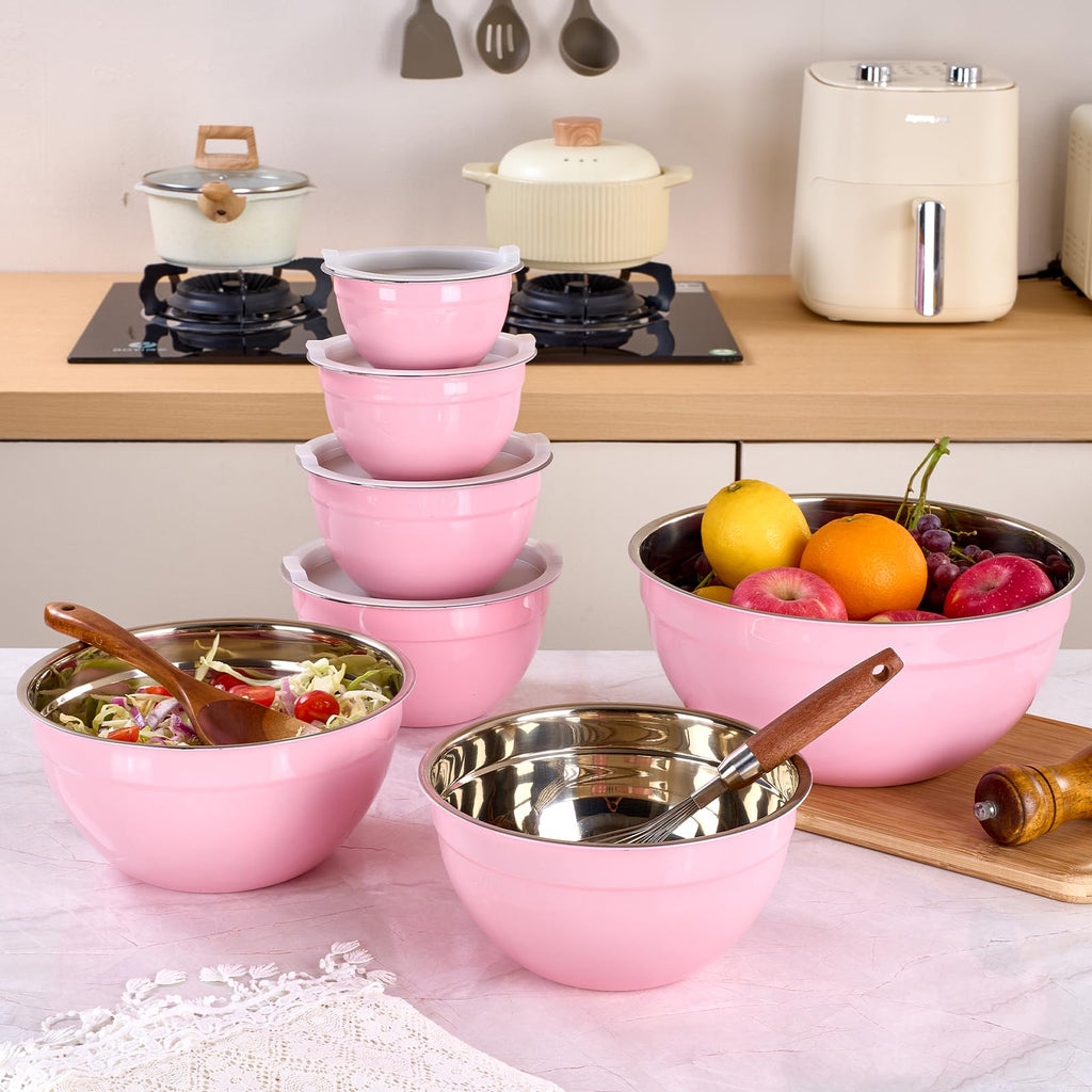 LKTDYMEG Pink Mixing Bowls with Lids Set of 7, Stainless Steel Nesting Bowl with Khaki Lid for Non-slip Mixing Prepping Storing Serving, 7 Sizes-7/3.6/2.7/2.1/1.5/1/0.8 QT