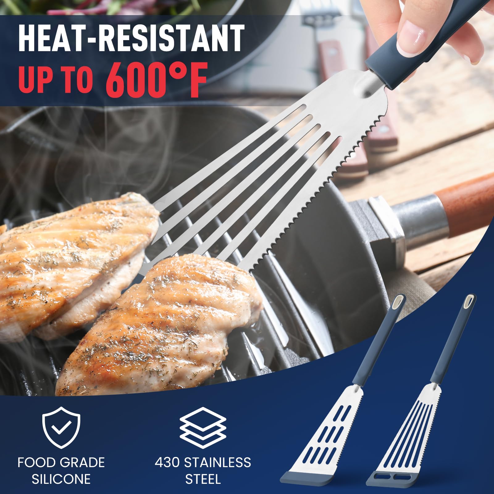2-Piece Silicone Fish Spatula for Nonstick Cookware,Thin Slotted Turner