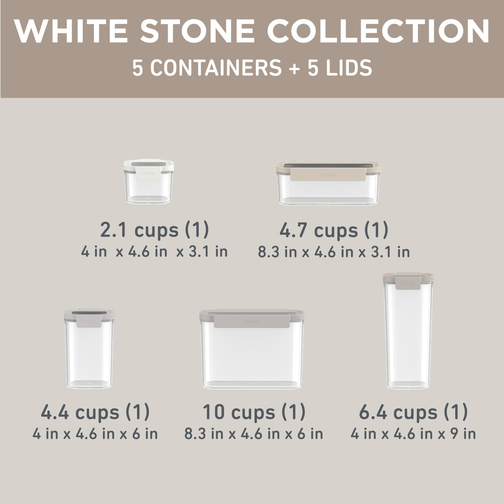 Bentgo Pantry - 10-Piece Airtight Food Storage Containers, Clear, Stackable Kitchen & Pantry Organization, Locking Lids for Freshness, BPA-Free Plastic - Ideal for Sugar, Flour, & More (White Stone)