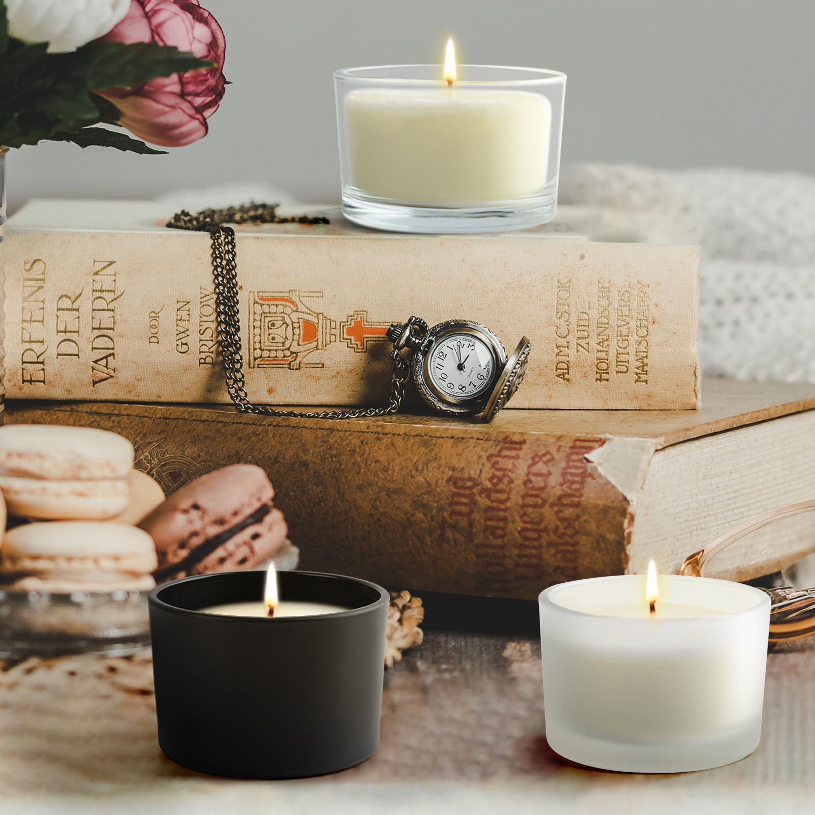 SHOWIN Thick Candle Jars for Making Candles 16 Pcs, 4 OZ Empty Jars with Wood Lids for Candle Making, Sample Container - Dishwasher Safe,Frosted White