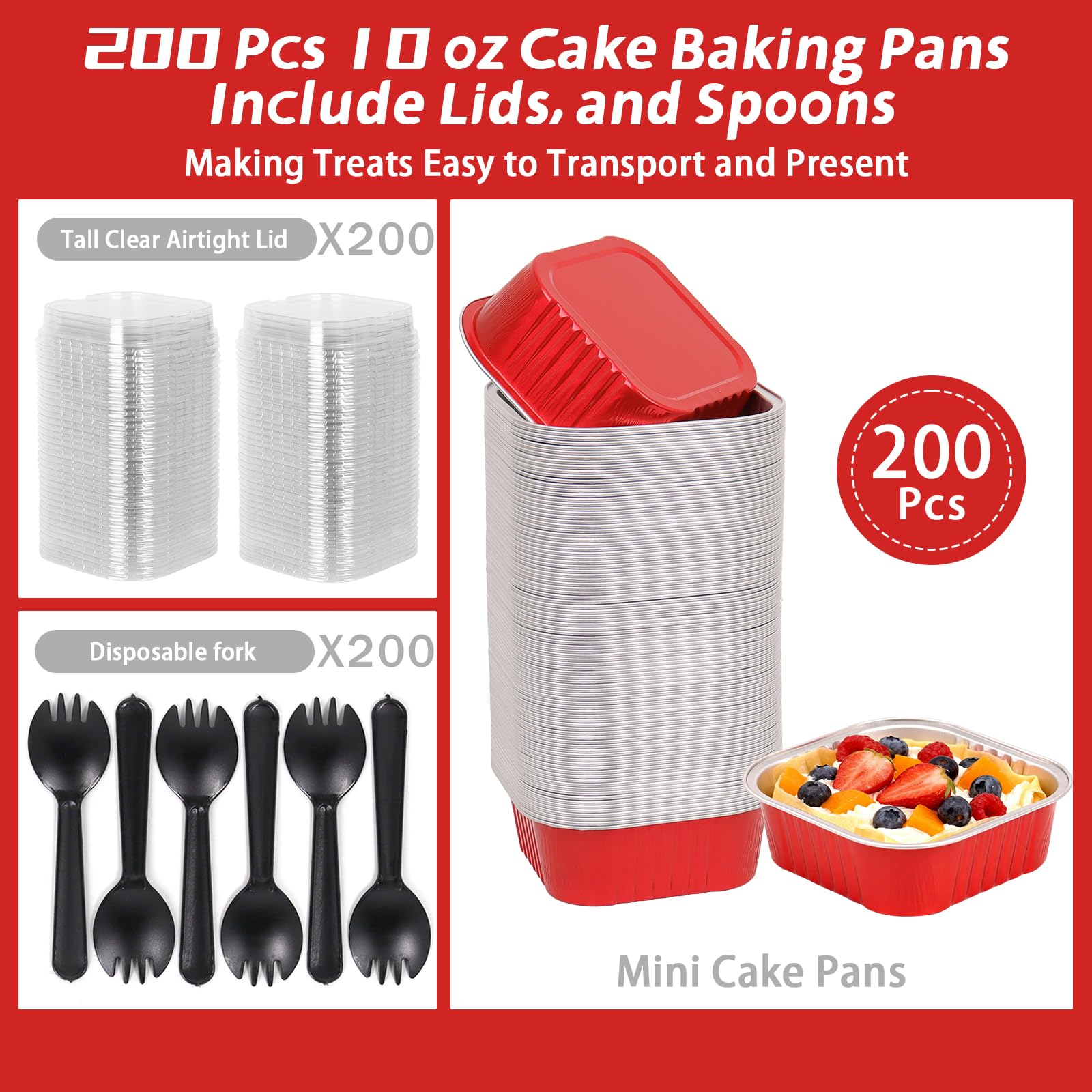 200 Pack 10 oz Square Mini Cake Pans with Lids, Disposable Aluminum Foil Baking Cups for Brownies, Cupcakes, Cheesecake & Catering (Red)