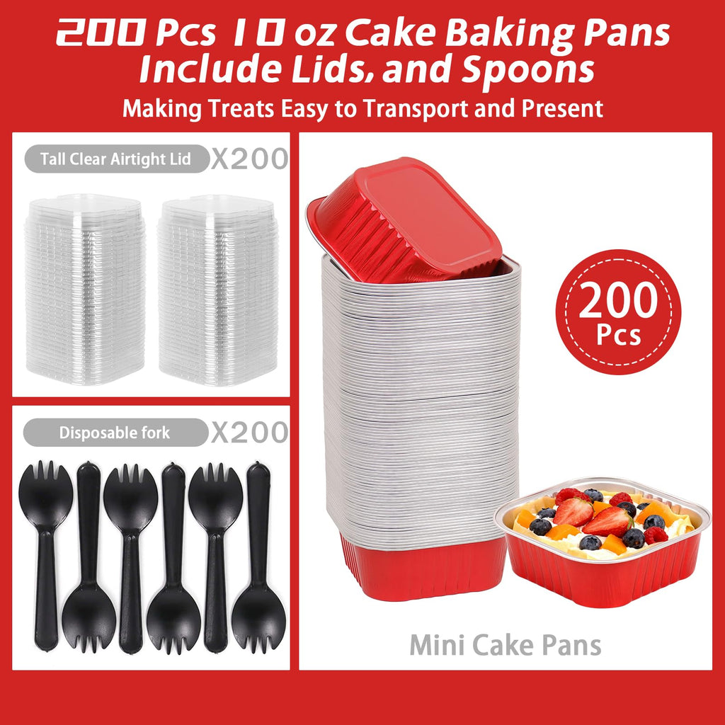 200 Pack 10 oz Square Mini Cake Pans with Lids, Disposable Aluminum Foil Baking Cups for Brownies, Cupcakes, Cheesecake & Catering (Red)