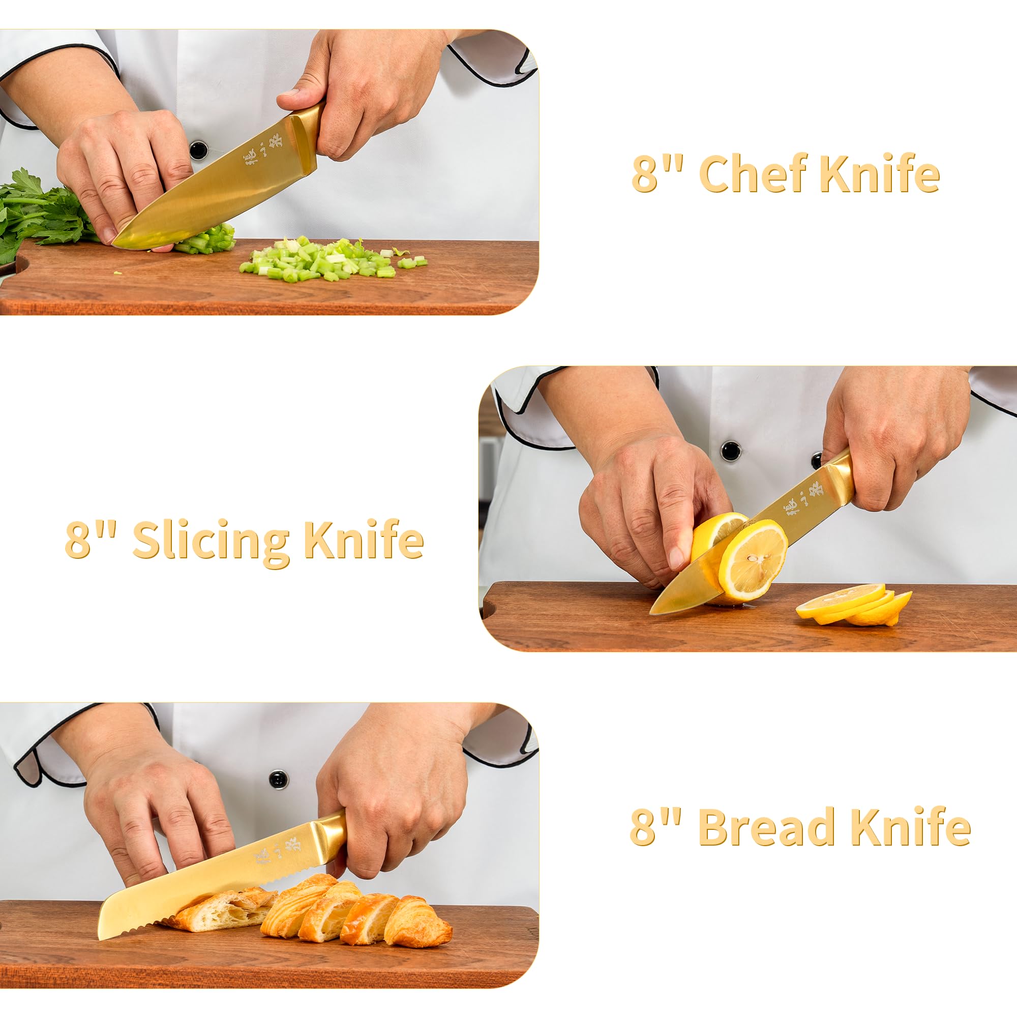 ZHANG XIAO QUAN Gold Knife Set with White Block, High Carbon Stainless Steel Sharp Blades, Built-in Sharpener Kitchen Knife Block Set for Home Cooking