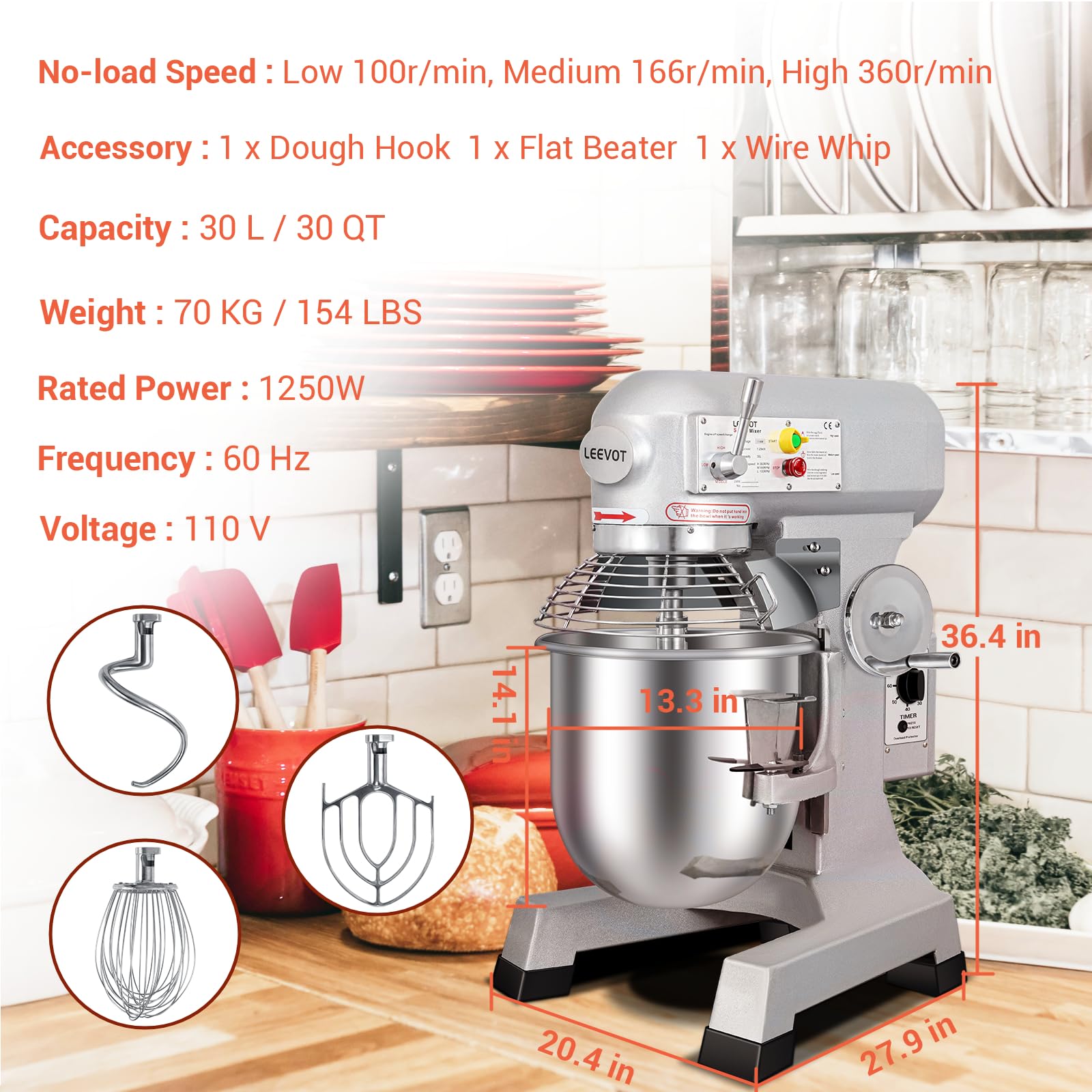 BOSBAK 30 QT Stand Mixer, Commercial Industrial Grade Kitchen Electric Food Mixer with Stainless Steel Bowl, 3 Types of Mixing Tools, Built for Professional Baking: Effortlessly Handles Large Recipes