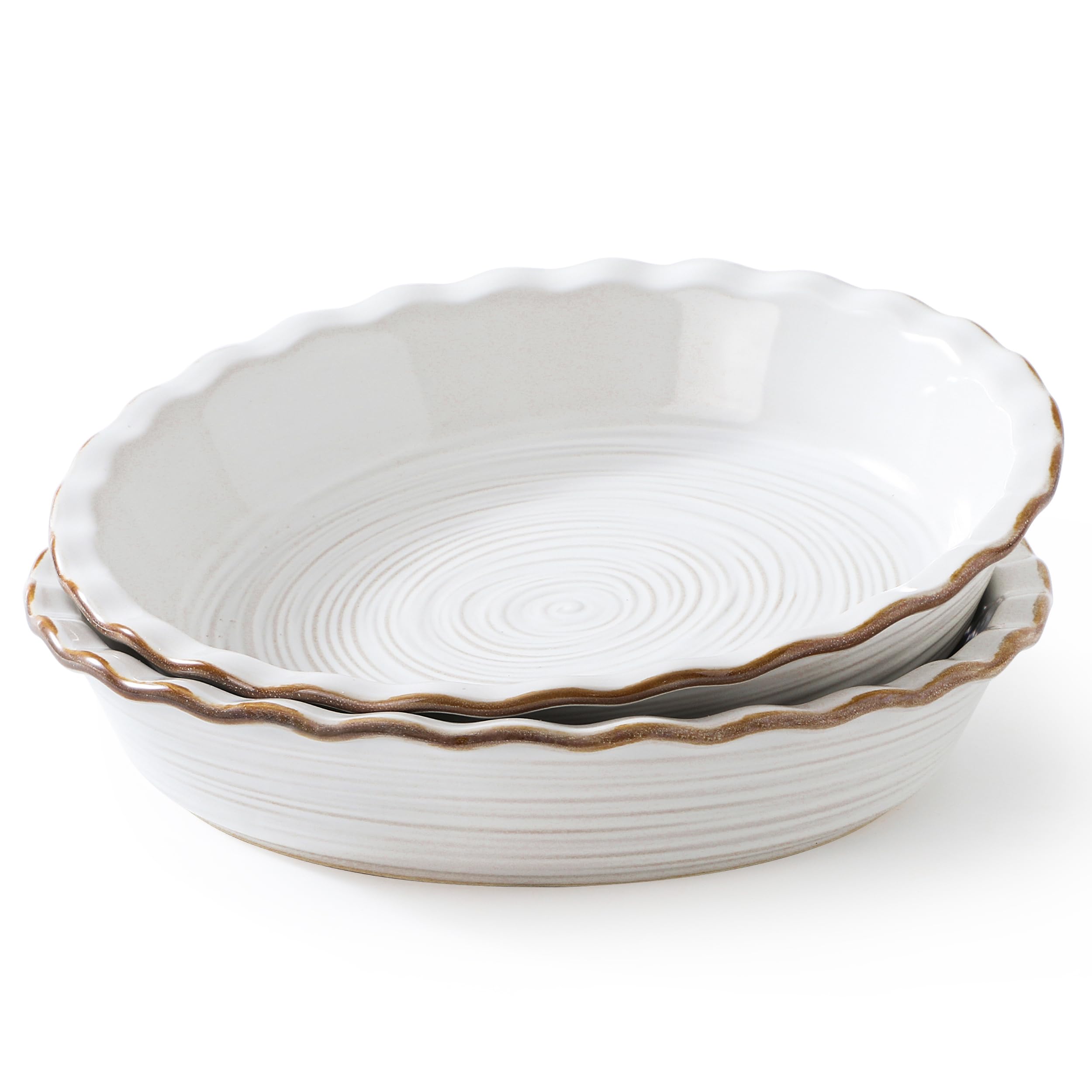 Frewinky Ceramic Pie Pan for Baking, 9 inch Pie Dish with Ruffled Edge, Nonstick Deep Pie Plate, Farmhouse Decor Quiche Tart Baking Dish for Thanksgiving, Microwave & Oven Safe, Set of 2