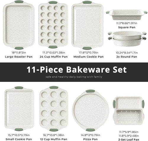 11-Piece Non-Toxic Baking Set, Stackable Nonstick Cookware, White&Green