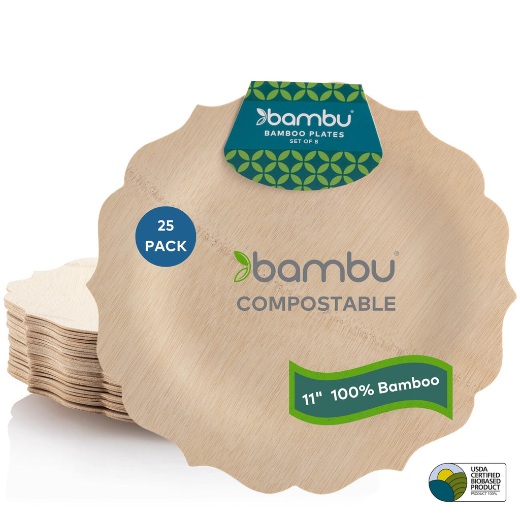Bambu Pack of 25-11 Inch Disposable Bamboo Plates Fancy, Biodegradable Eco Friendly Products, Bamboo Disposable Plates for Party, Weddings, and Events, Great For Any Occasion, Compostable Plates