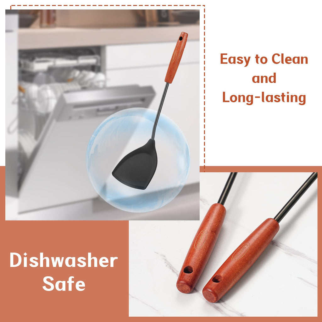 FJNATINH Wok Tools, Wok Utensil,Wok Spatula,Ladle,Skimmer Tool Set,Non Stick Heat-Resistant Silicone Cooking Utensils BPA Free Kitchen Utensils Cookware, Pack of 3,Black