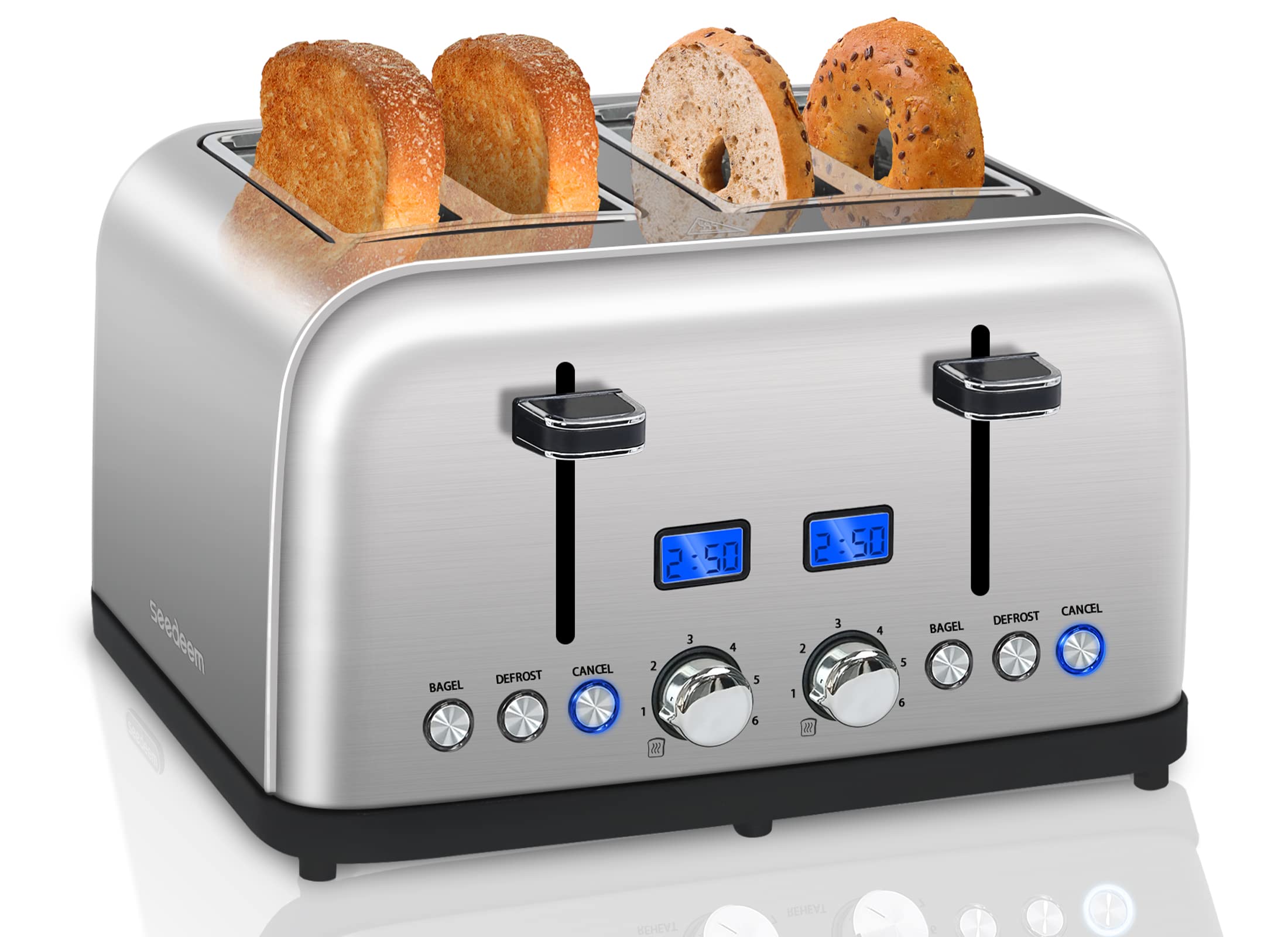 SEEDEEM Toaster 4 Slice, LCD Display, 6 Shade Settings, 1.5'' Wide Slots, Digital Stainless Toaster for Bagel, Defrost, Reheat, Dual Control, Removable Crumb Tray, 1500W, Silver Metallic