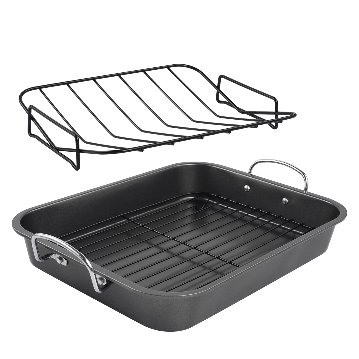 KitCom Nonstick Roasting Pan, Roaster with Cooling Rack and V-Rack - 16 Inch Rectangular Turkey Roaster Lasagna Pan for Easter, Thanksgiving & Christmas, Dishwasher Safe, Bronze