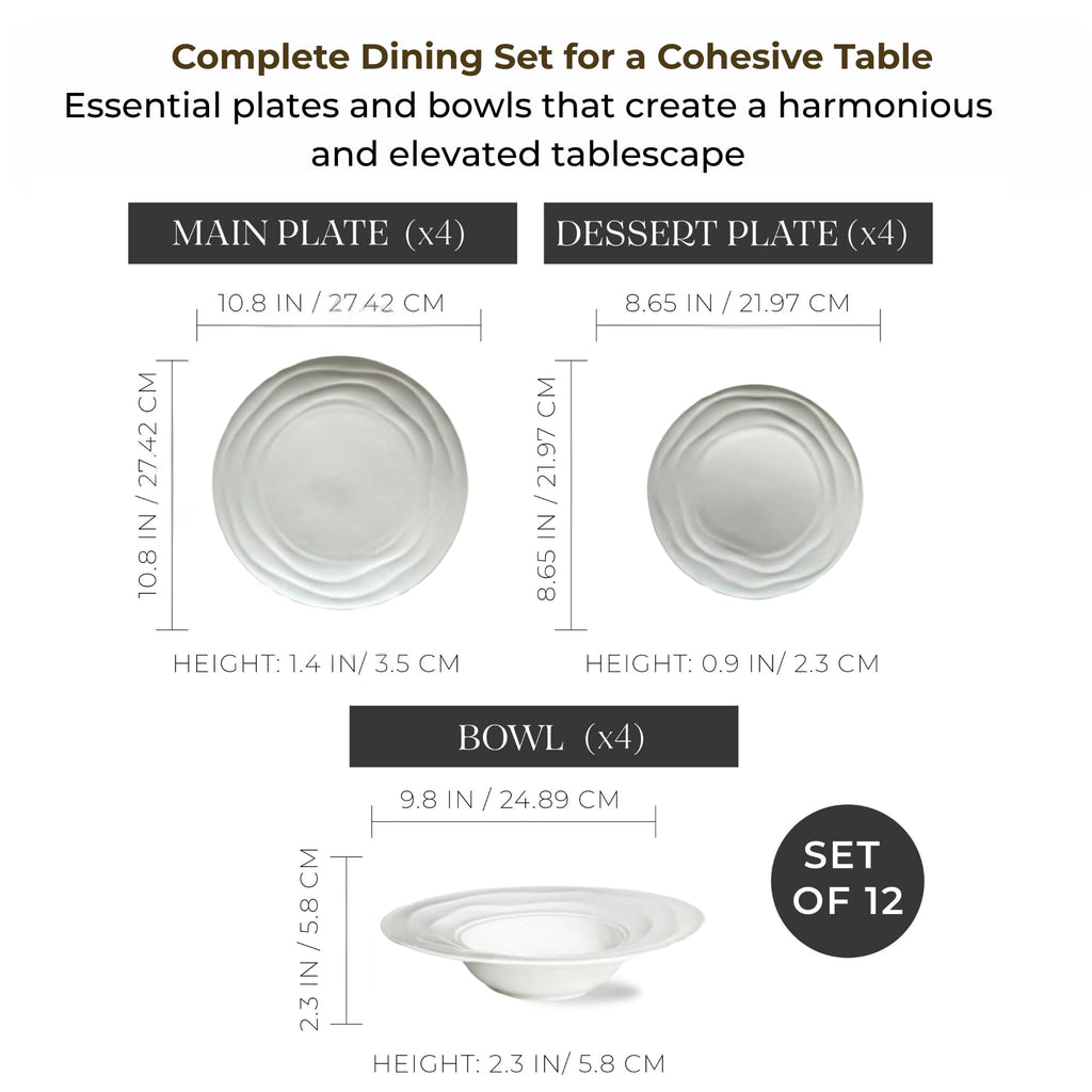 Pots & Patterns Organic Wave Dinnerware Set, 12-Piece Nature-Inspired Porcelain Dinner Plates & Bowls Set for 4, Wide Rimmed Pasta Bowls, Modern White Dishes for Hosting, Dishwasher & Microwave Safe