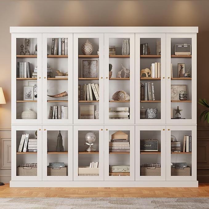 70.8" Bookshelf with Glass Doors, Farmhouse Modular Bookcase with 6-Tier Adjustable Shelves, Large Storage Cabinet for Living Room & Home Office, Set of 3, White