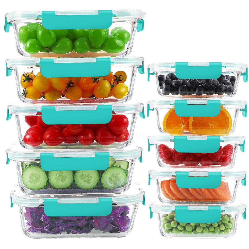 KAMOTA 10 Pack Airtight Glass Meal Prep Containers with Snap-Lock Lids