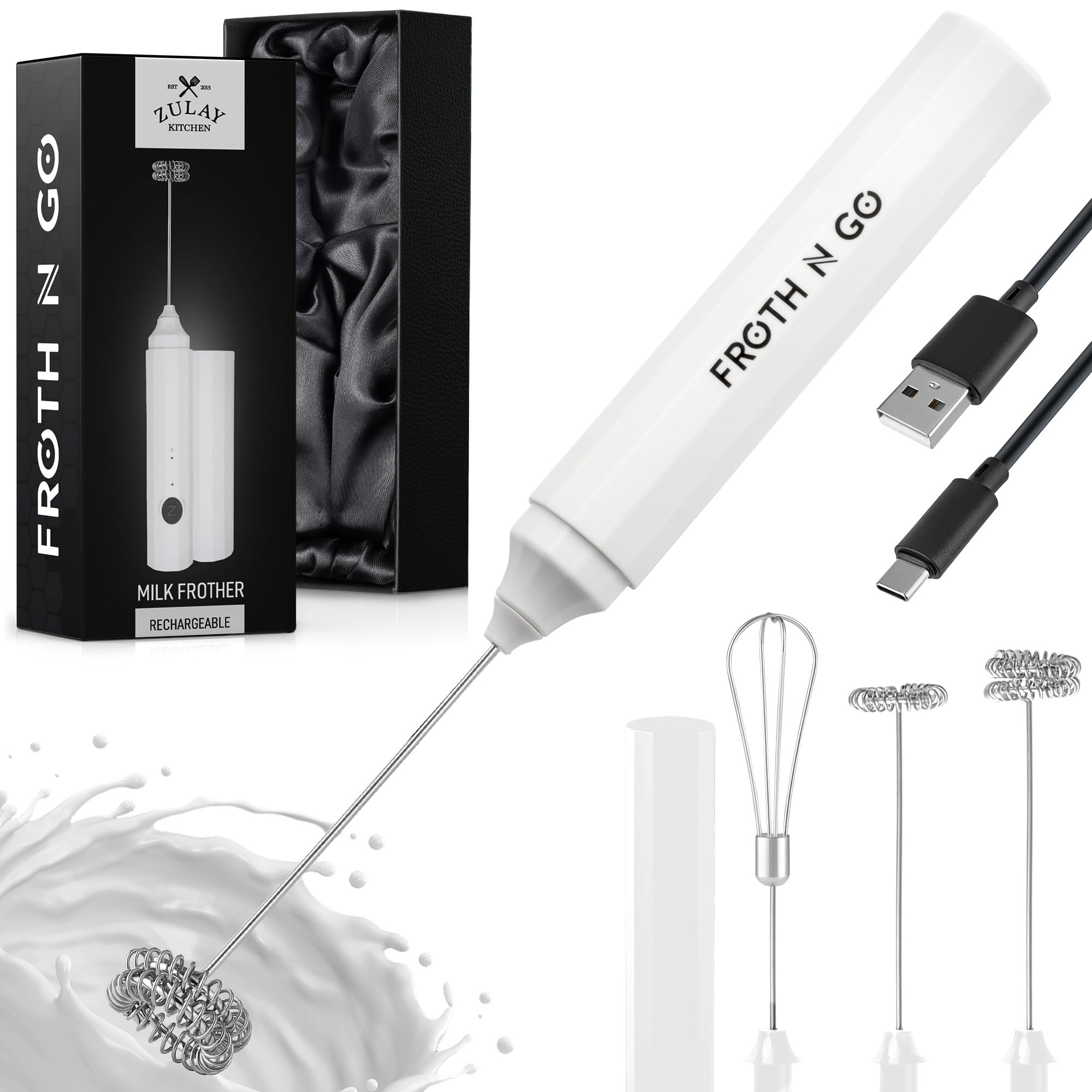 Zulay Froth N Go Milk Frother – Rechargeable 3-in-1 Handheld Frother Wand with Travel Case & USB-C Charger – Single, Double & Egg Whisk for Latte, Cappuccino, Matcha, Protein Shakes - Diamond White