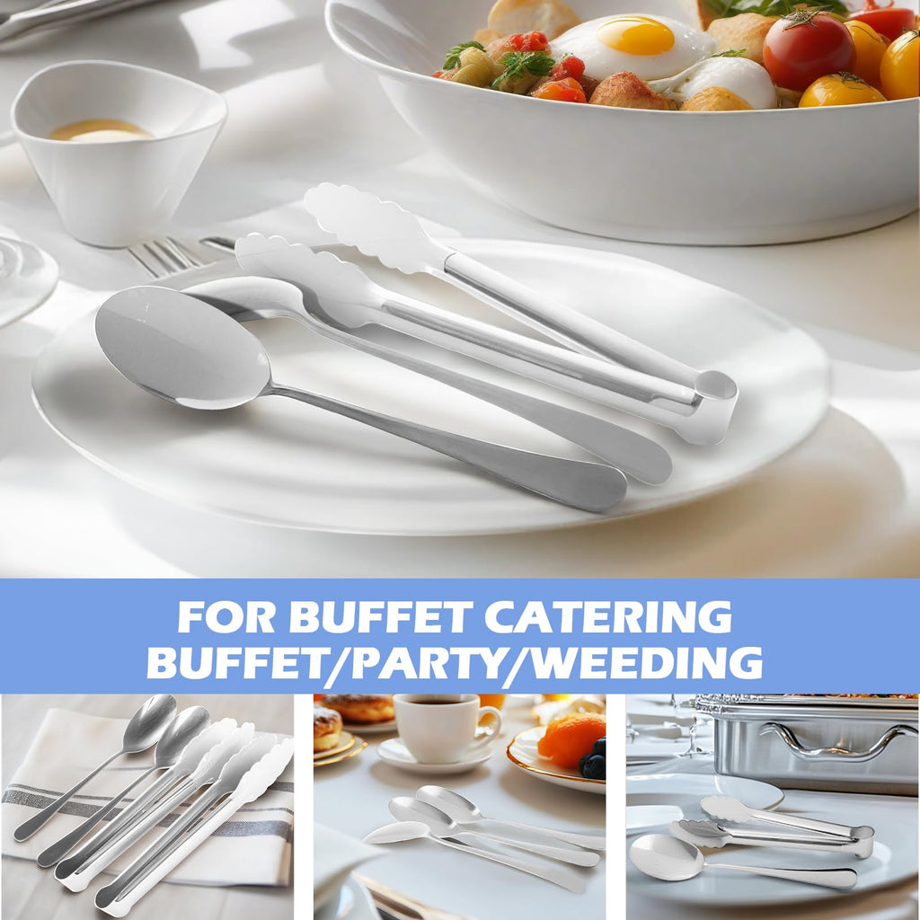 12PCS Silver Serving Utensils Set,Includes 8 large serving spoons,4 serving tongs
