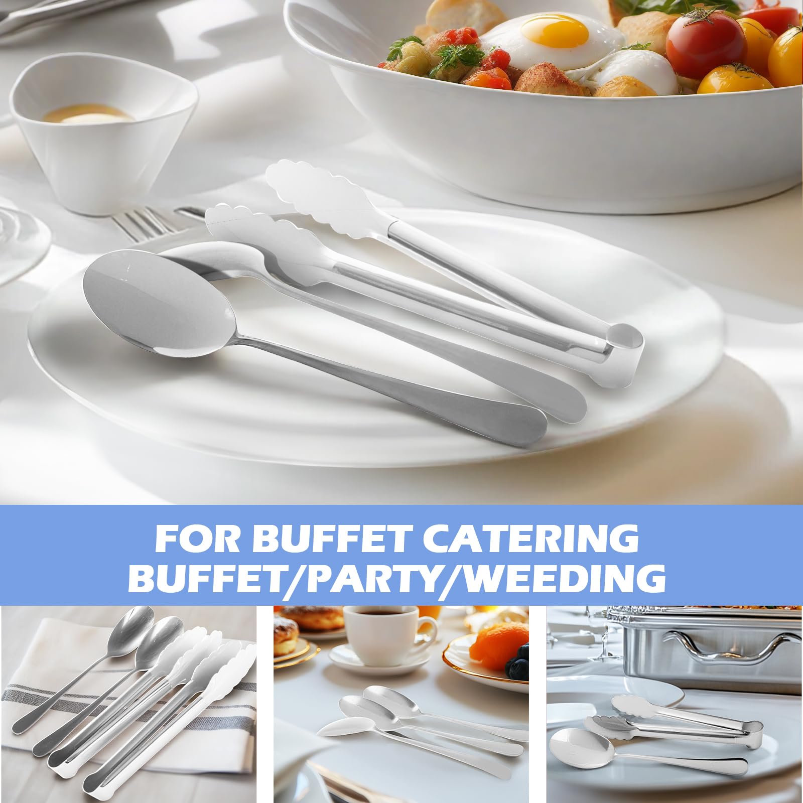 12PCS Silver Serving Utensils Set,Includes 8 large serving spoons,4 serving tongs