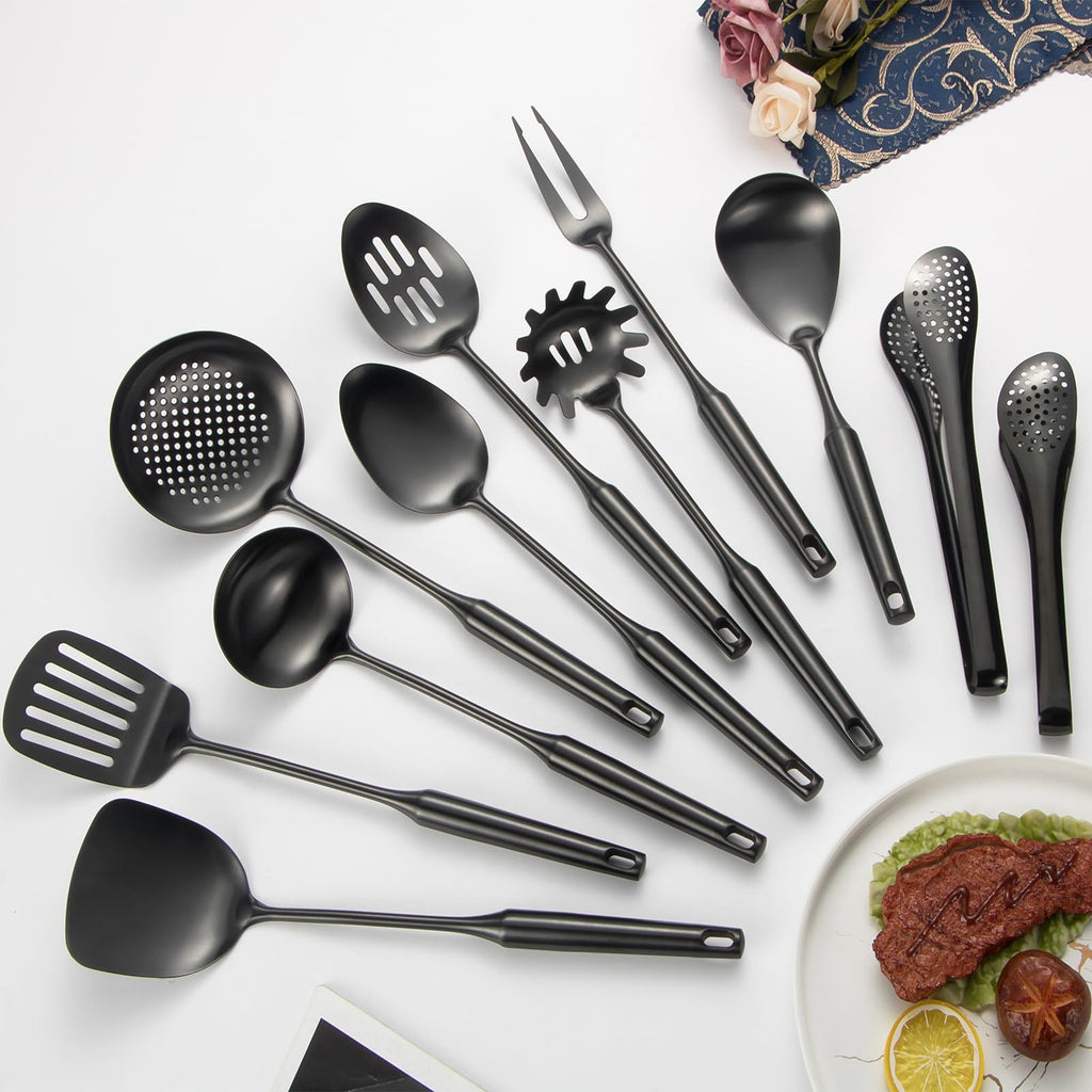 304 Stainlss Steel Matte Kitchen Utensils Set, 11 Pcs Long Metal Cooking Utensil Gadgets Tools Set with Spatula, Ladle, Spoon, Ladle, Skimmer, Tunner, Pasta Server, Tongs(Black, Dishwasher Safe)