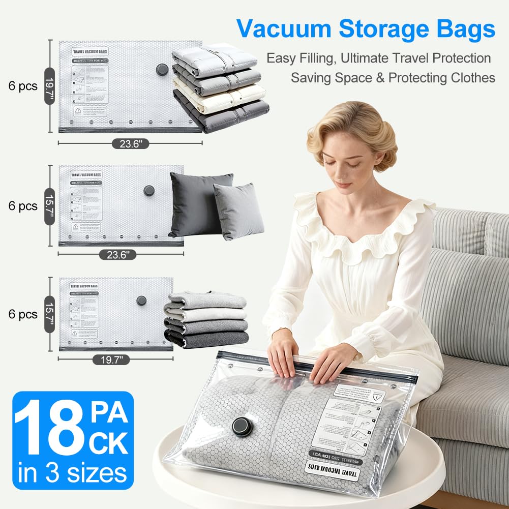 Vacuum Seal Bags 18-Pack with Wireless Pump, 6 Large/6 Medium/6 Sizes, Reusable Storage for Clothes Travel, Luggage & Suitcases, Portable Space Saver