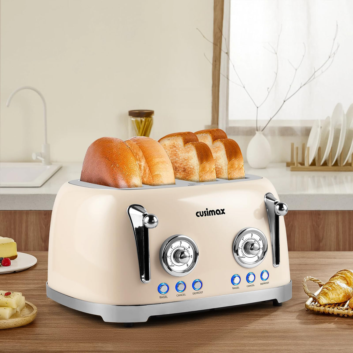 CUSIMAX Toaster 4 Slice, Retro Toaster with Wide Slots for Bagels, Cream