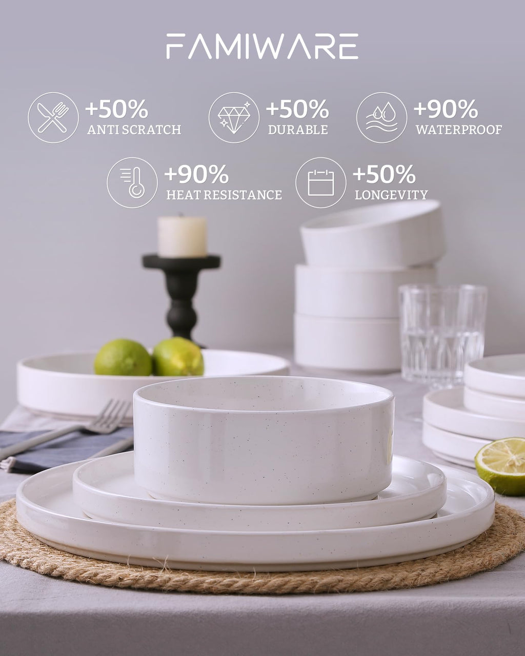 Famiware Nebula 12-Piece Dinnerware Set, White with Colorful Speckles