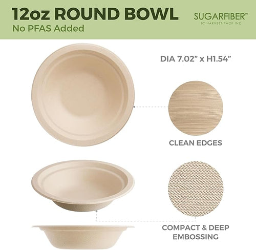 12oz Compostable Paper Bowls Disposable Round Natural Cereal Bowl, 50 Count