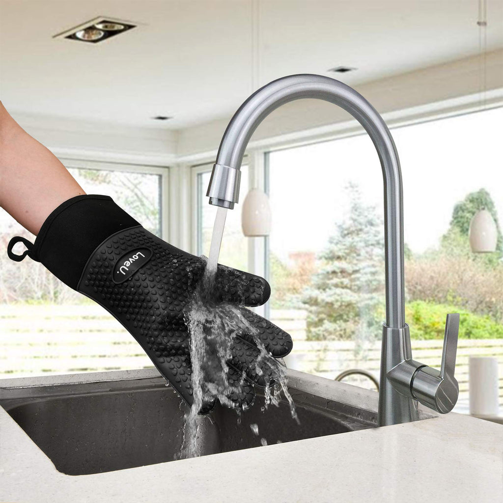 Loveuing Kitchen Oven Gloves - Dual-Layer Heat Resistant Grilling Gloves, Silicone Oven Mitts with 5 Fingers, Waterproof Non-Slip Pot Holder for Barbecue, Cooking, Baking (XL-XXXL, Black Long)