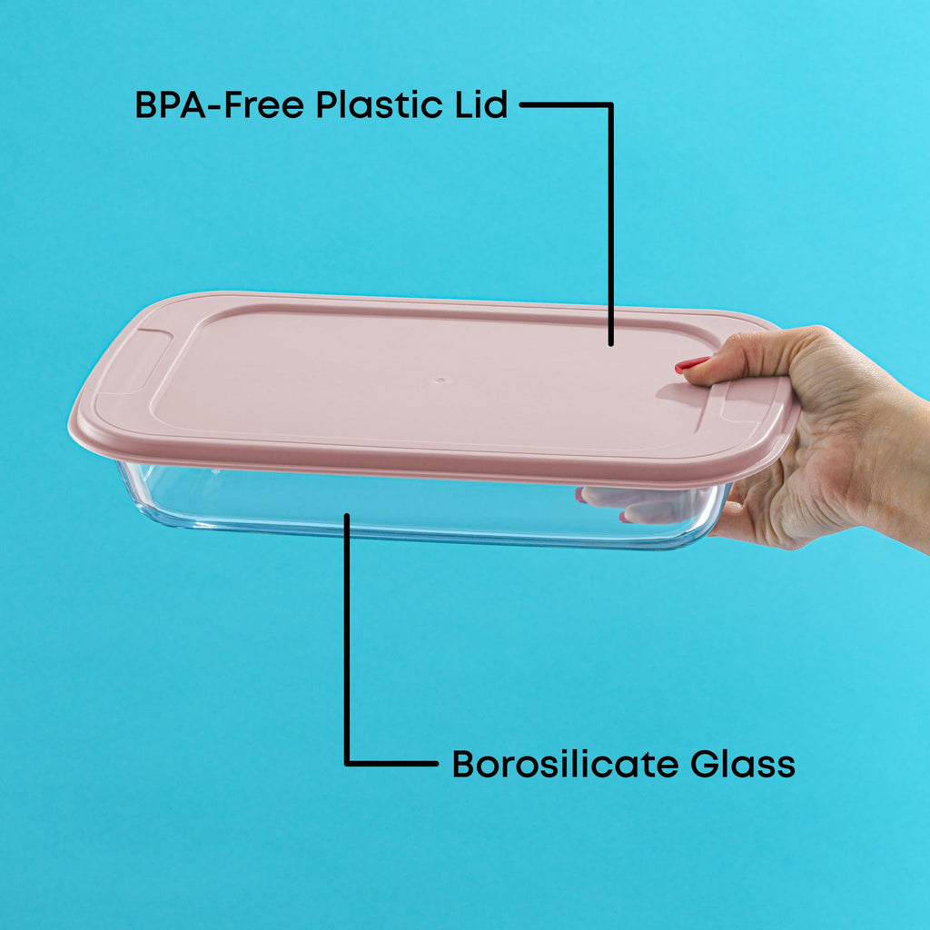 JoyJolt 8-Piece Borosilicate Glass Oven Dishes with Blushy Pink Lids, Rectangle Deep Glass Baking Dish Set, Baking Pans for Lasagna Casserole Cake, Bakeware Set, Freezer to Oven Tray to Dishwasher