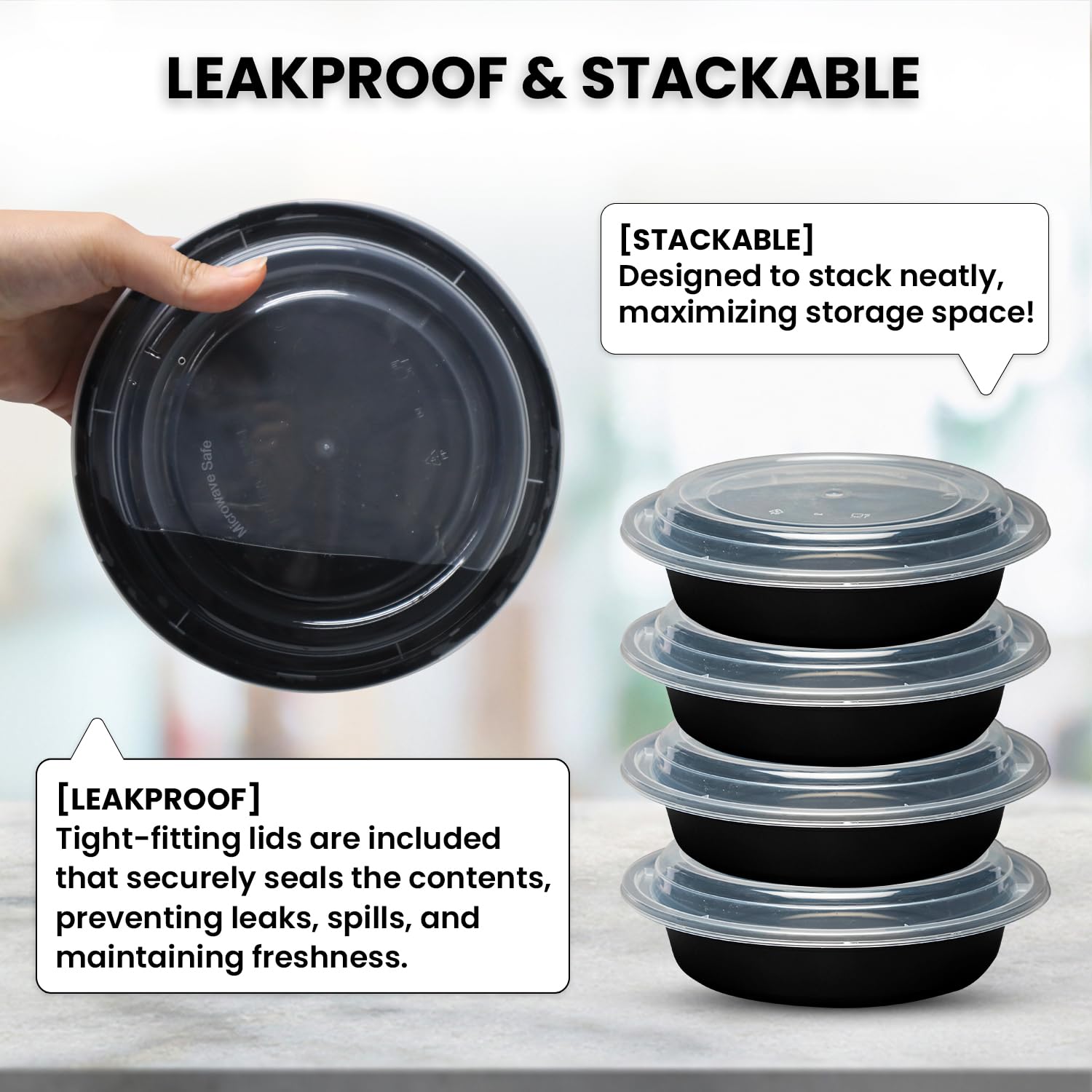 Klex 32 Oz, 50 Sets Meal Prep Containers with Airtight Lids, BPA Free, Reusable Plastic Food Container, 32 oz, Round, Black/Clear, 50 Sets