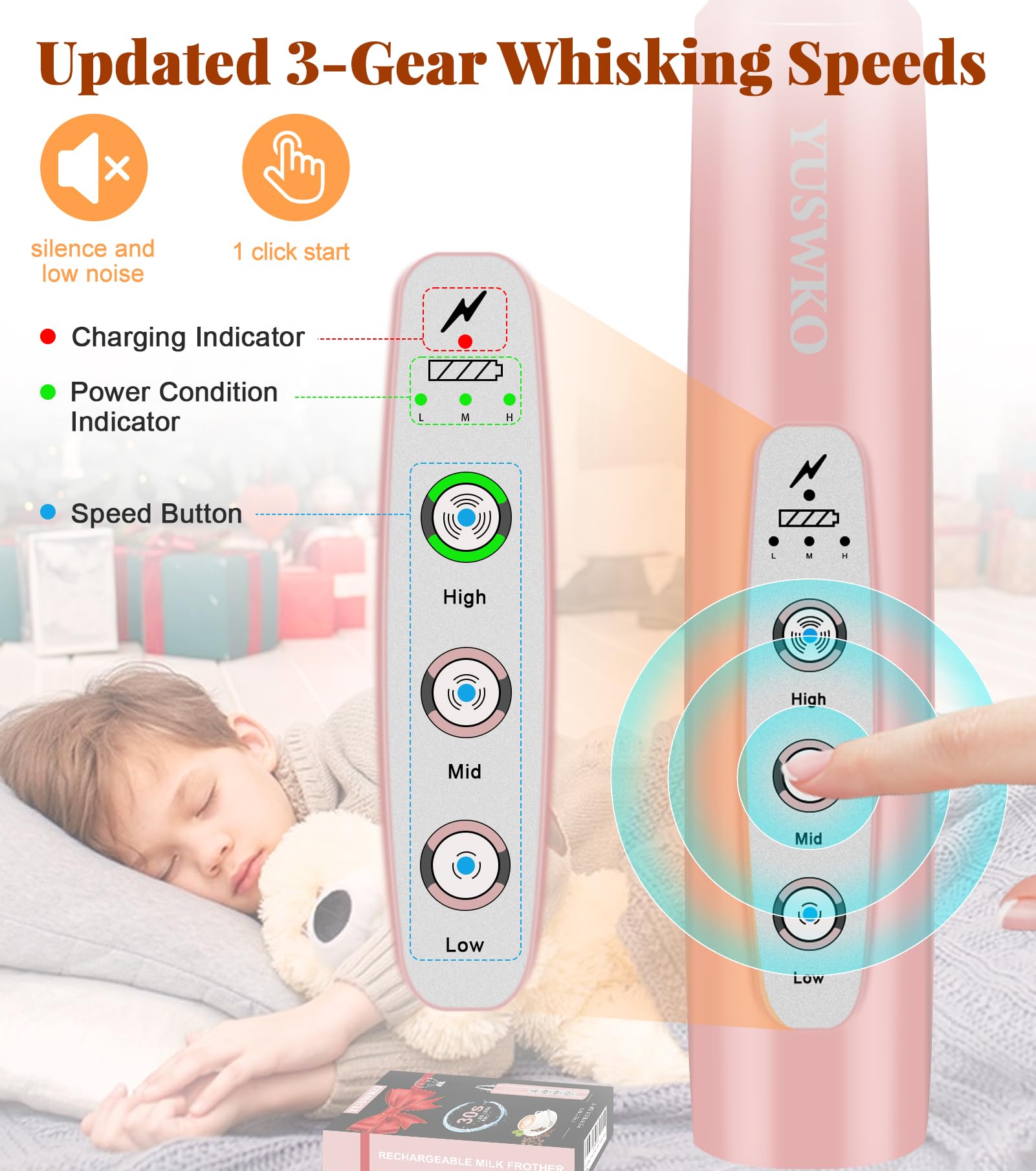 YUSWKO Handheld Milk Frother Wand for Coffee, Rechargeable Electric Whisk with 3 Heads 3 Speeds Drink Mixer Coffee Frother For Latte, Cappuccino, Hot Chocolate, Egg, Pink