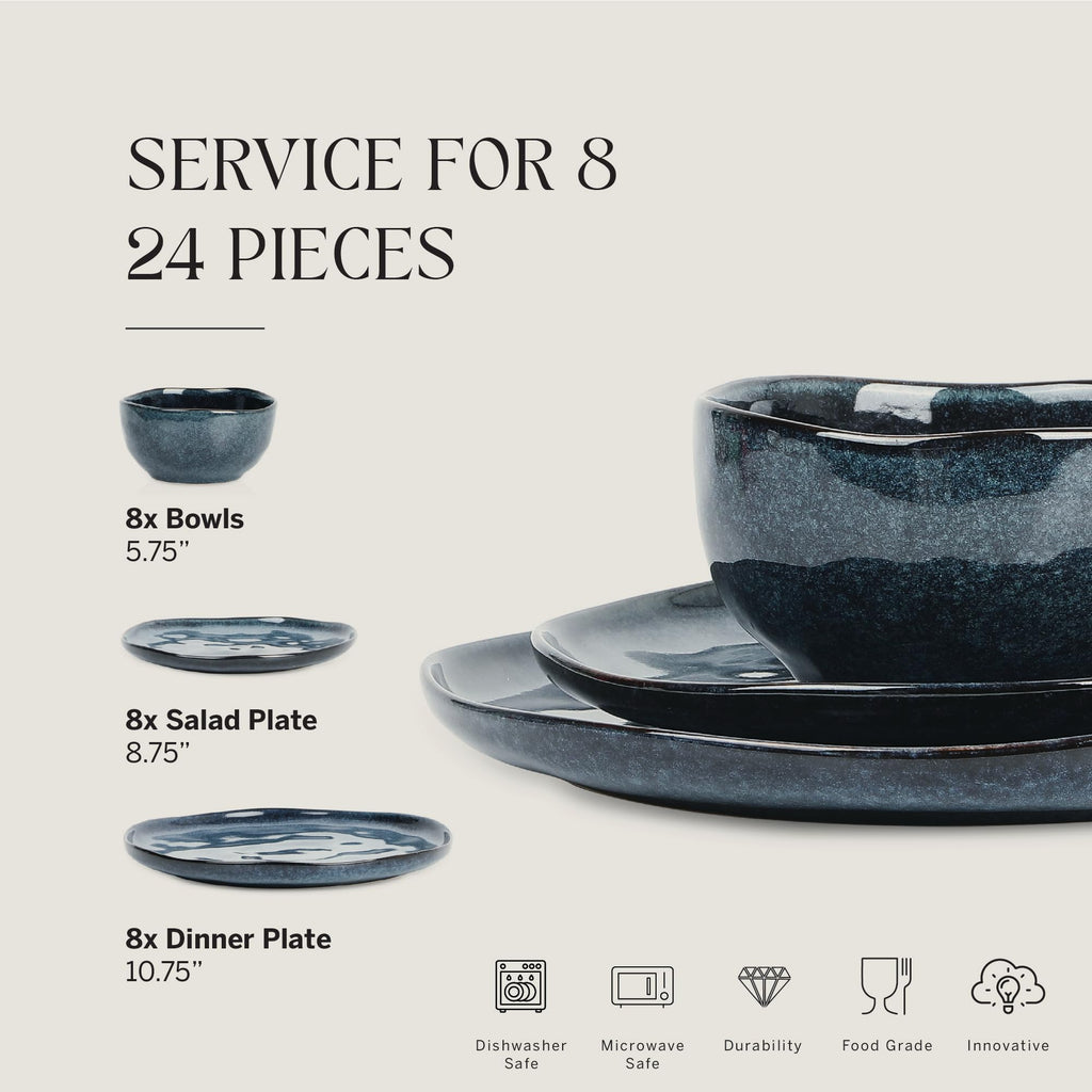 Stone Lain Mirella 24-Piece Stoneware Dinnerware Set, Service for 8 – Reactive Glaze, Deep Blue – Includes Dinner Plates, Salad Plates, and Bowls – Modern Organic Design
