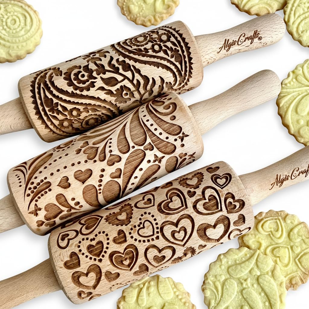 LOVELY DAY 3 KID Rolling Pin SET with HEART, PAISLEY and SPRING patterns. Wooden Laser Cut Mini embossing Rolling Pins for cookies, play dough, salt dough or clay by Algis Crafts